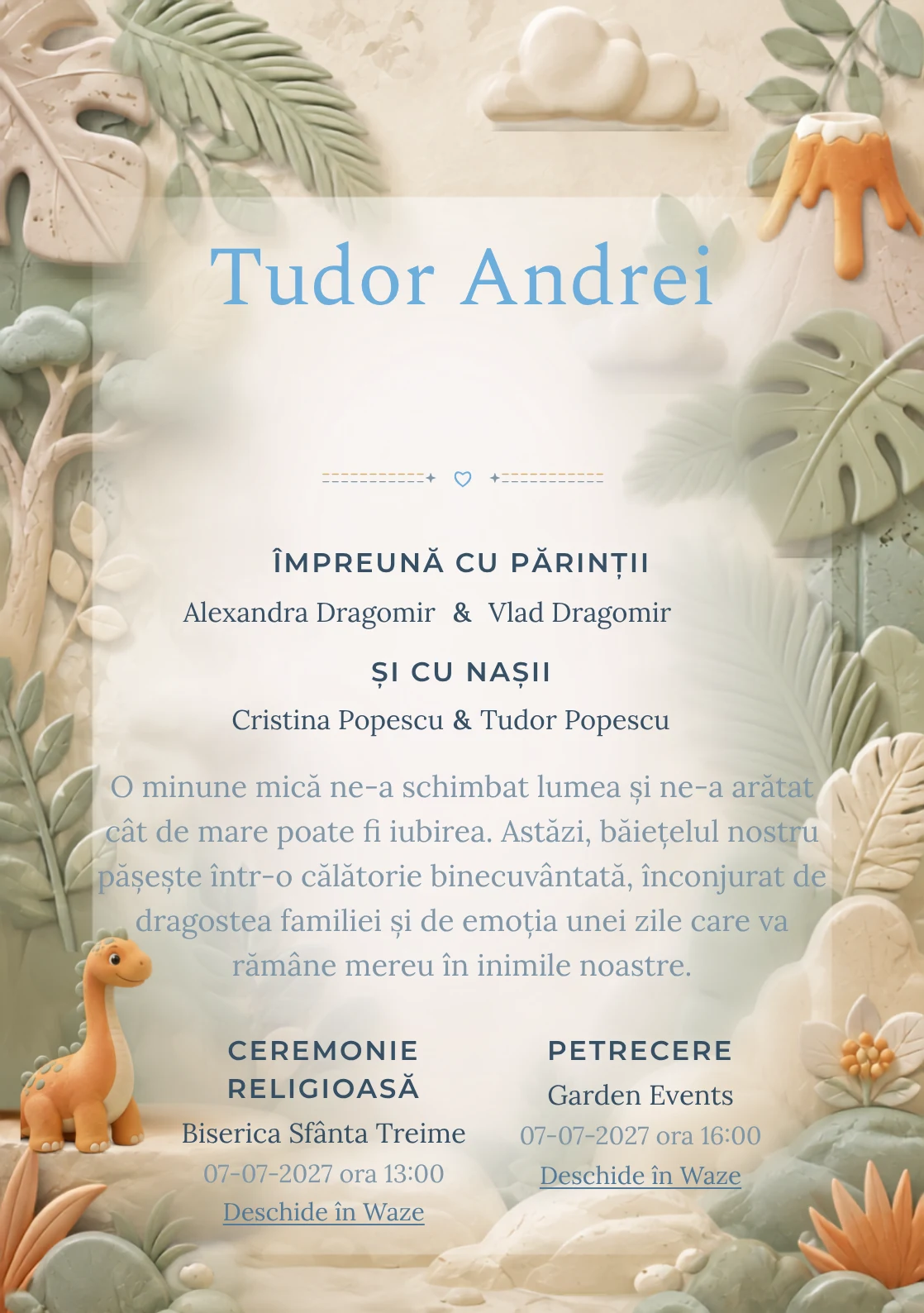 Imaginea Dinozaur de Porțelan, din gama de invitații botez băiat, pune în valoare un dinozaur blând modelat, cu frunze în relief.