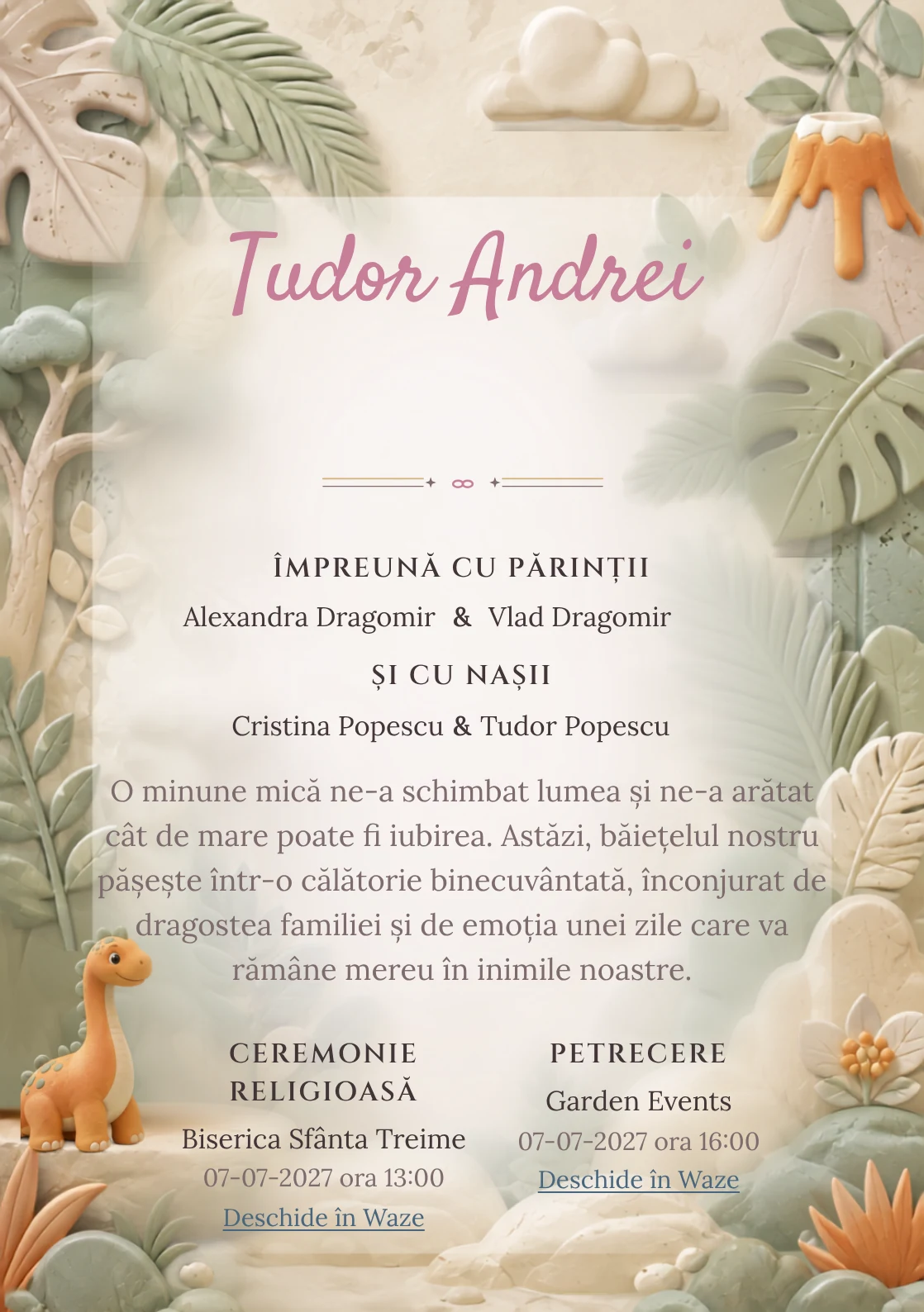 Imaginea Dinozaur de Porțelan, din gama de invitații botez băiat, pune în valoare un dinozaur blând modelat, cu frunze în relief.
