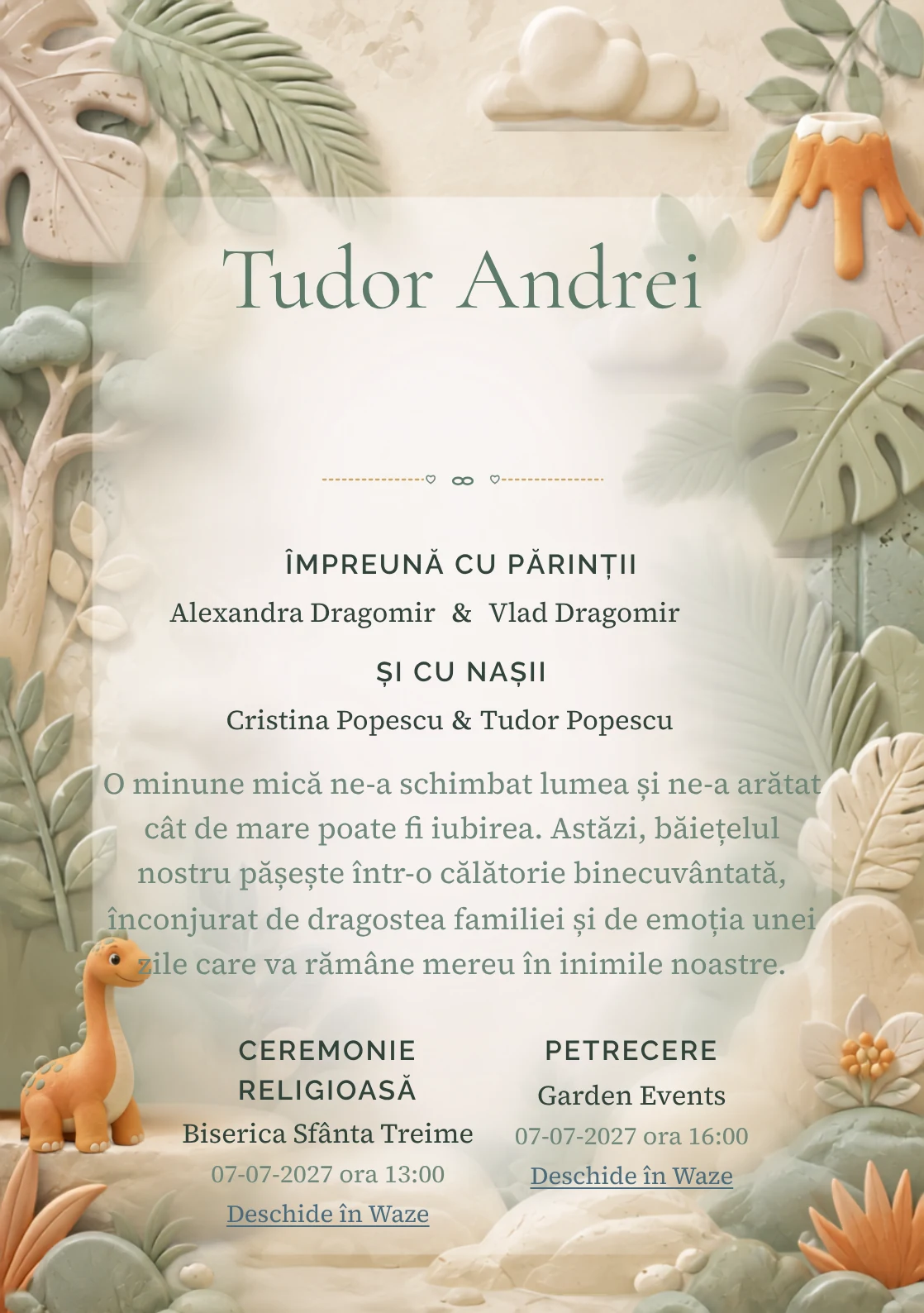 Imaginea Dinozaur de Porțelan, din gama de invitații botez băiat, pune în valoare un dinozaur blând modelat, cu frunze în relief.