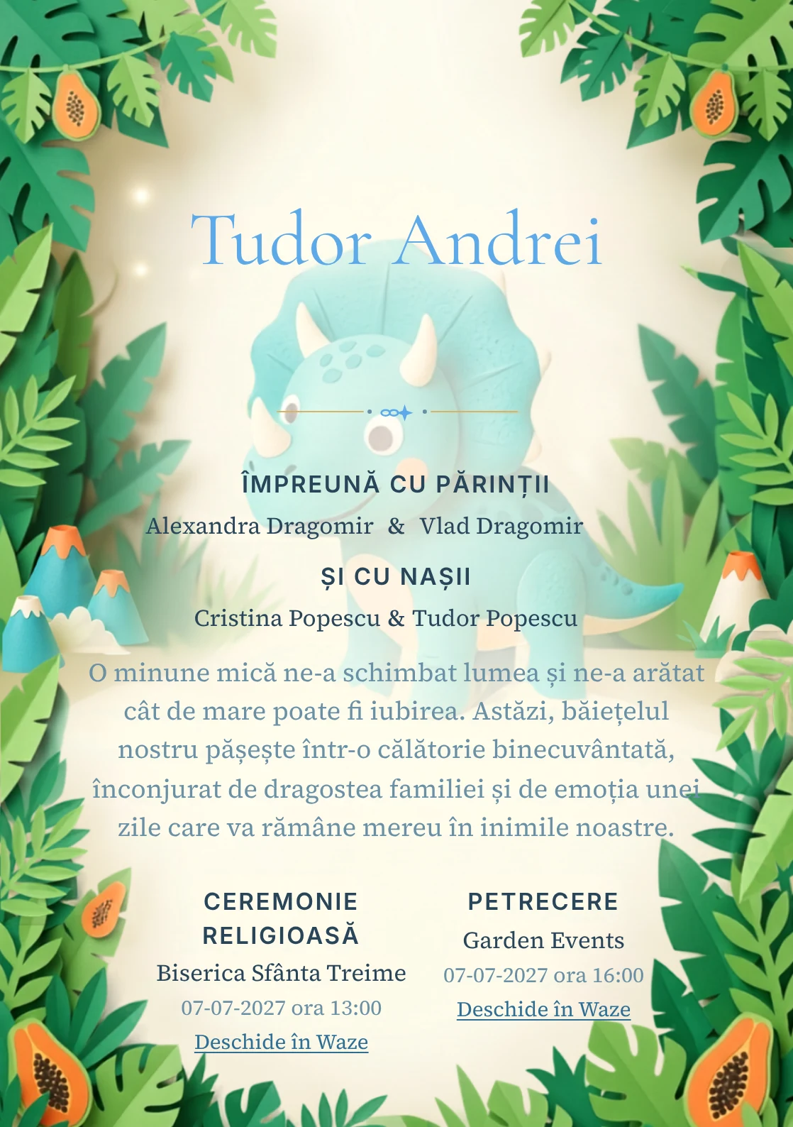 Dinozaur Pop-Up, din gama de invitații digitale botez, prezintă un dinozaur prietenos într-o junglă, alături de frunze stratificate.