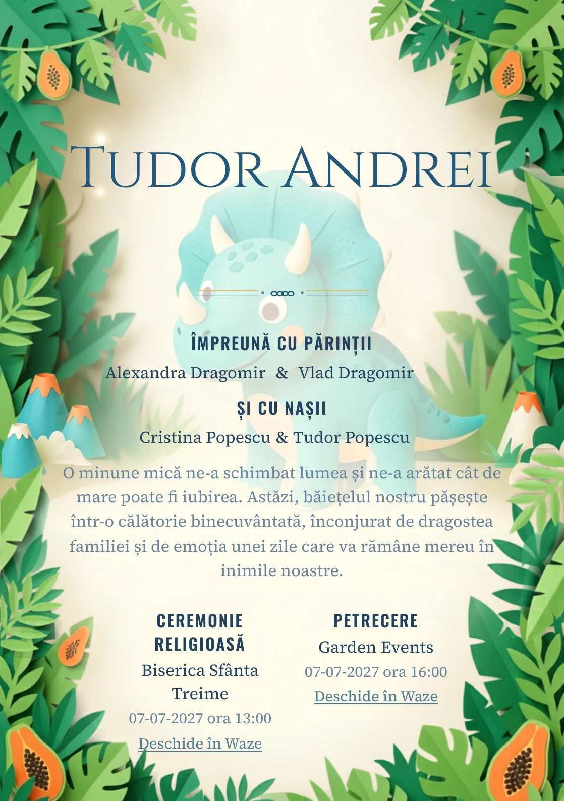 Dinozaur Pop-Up, din gama de invitații digitale botez, prezintă un dinozaur prietenos într-o junglă, alături de frunze stratificate.