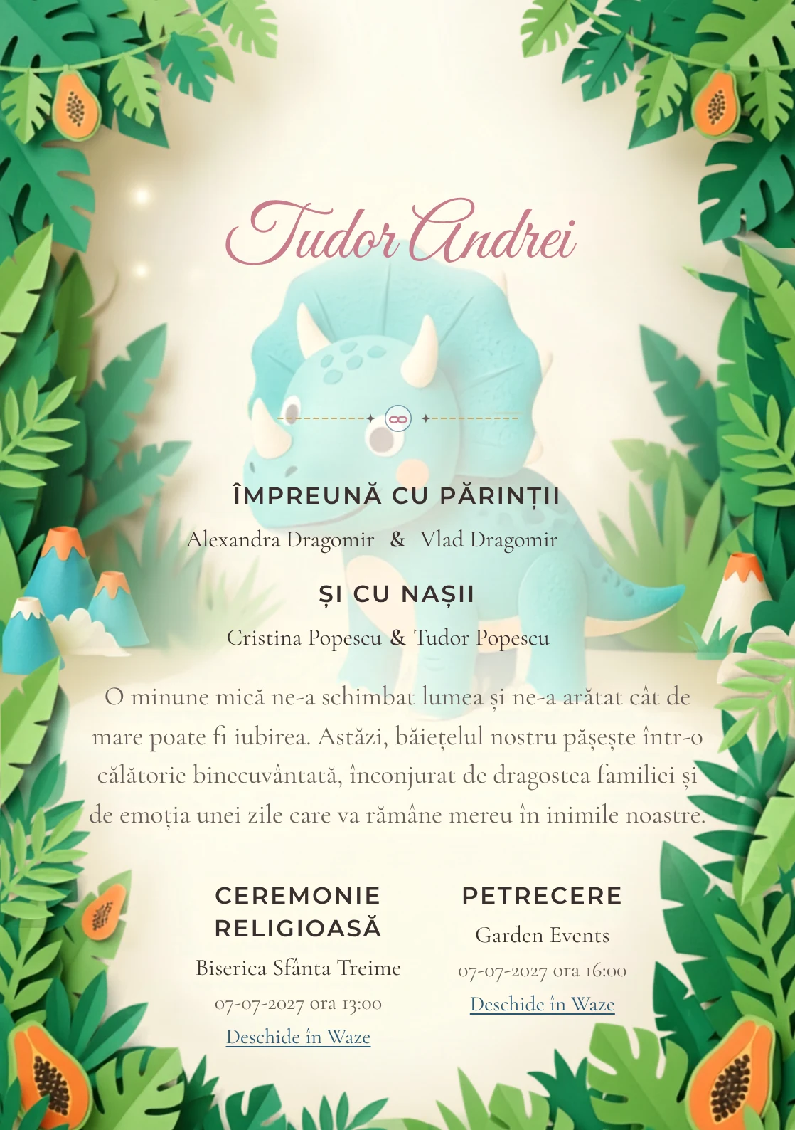 Dinozaur Pop-Up, din gama de invitații digitale botez, prezintă un dinozaur prietenos într-o junglă, alături de frunze stratificate.