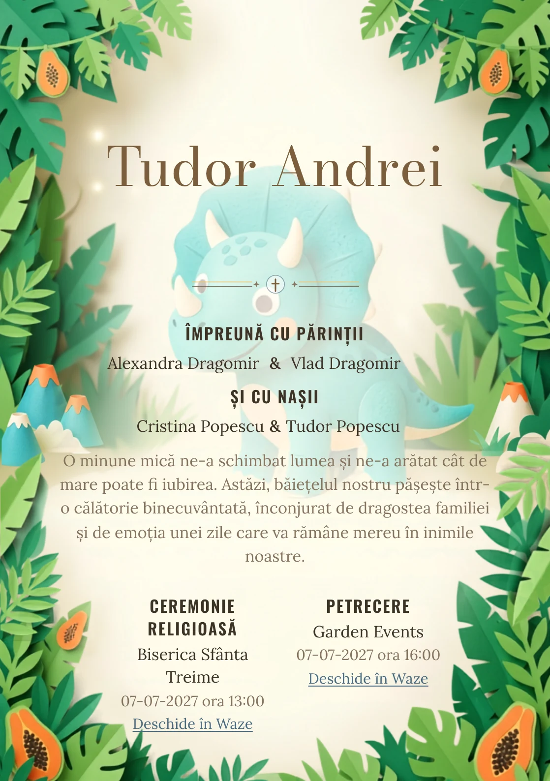Dinozaur Pop-Up, din gama de invitații digitale botez, prezintă un dinozaur prietenos într-o junglă, alături de frunze stratificate.