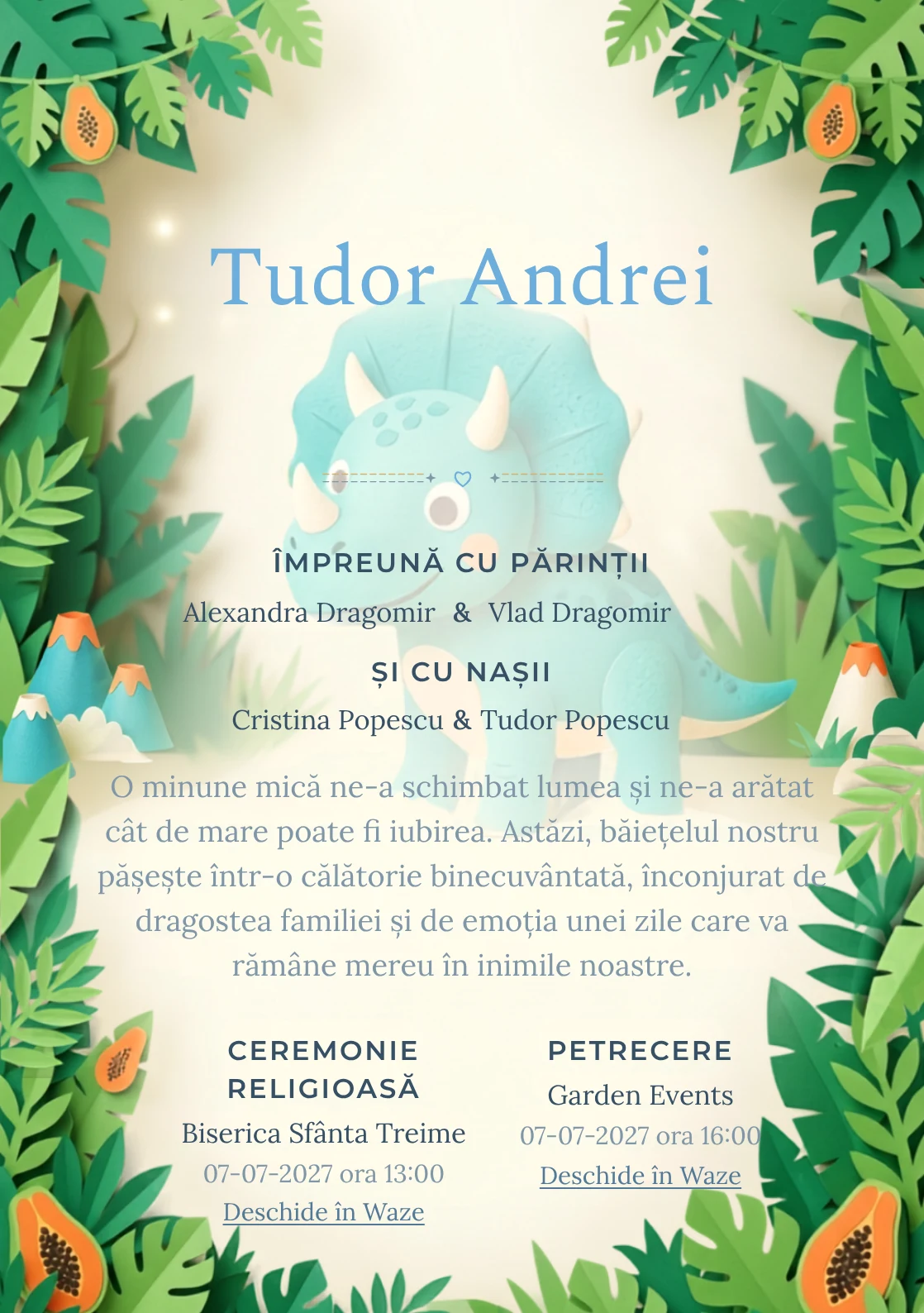 Dinozaur Pop-Up, din gama de invitații digitale botez, prezintă un dinozaur prietenos într-o junglă, alături de frunze stratificate.