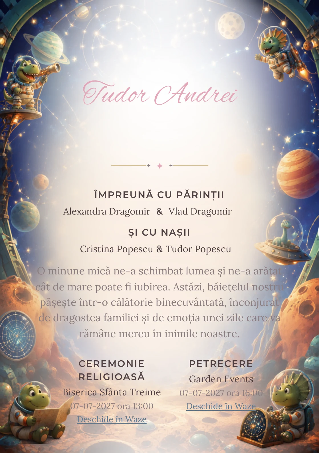 Dinozauri Astronauți, din gama de invitații botez băiat, are ca reper vizual dinozauri astronauți într-un planetariu jucăuș; compoziția include planete.