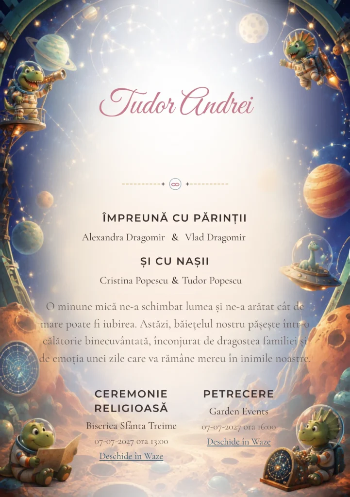 Dinozauri Astronauți, din gama de invitații botez băiat, are ca reper vizual dinozauri astronauți într-un planetariu jucăuș; compoziția include planete.