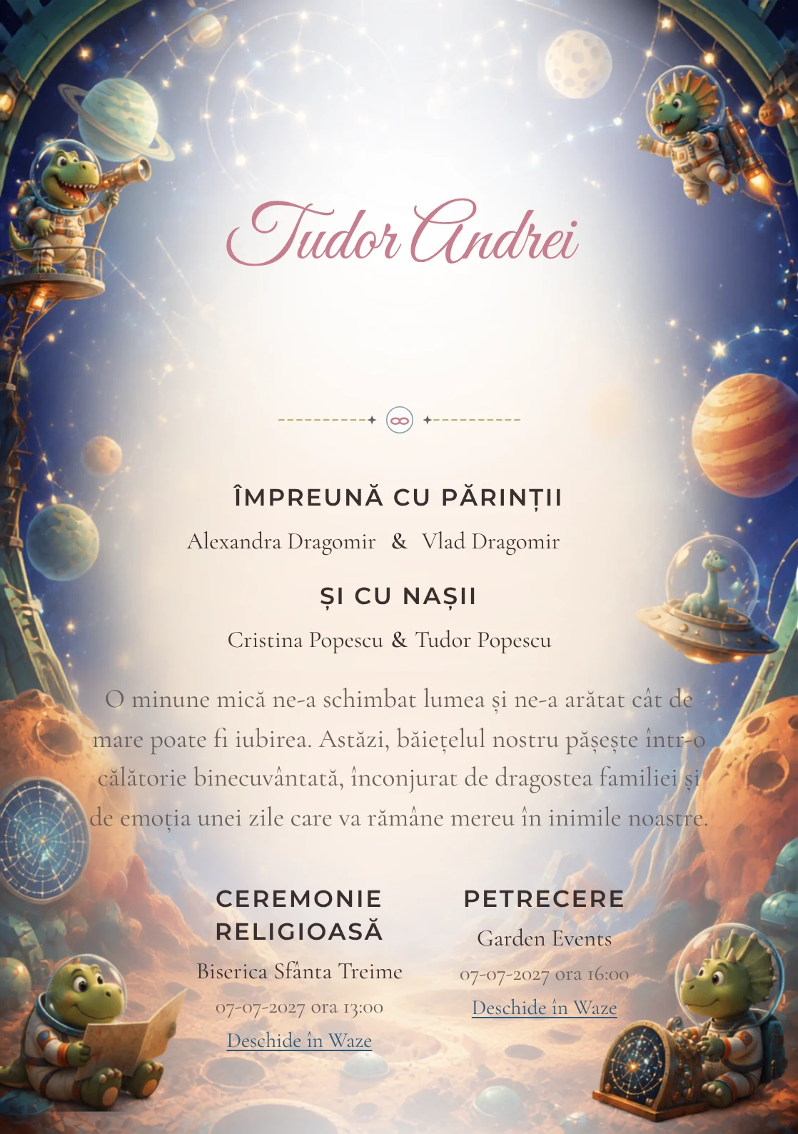 Dinozauri Astronauți, din gama de invitații botez băiat, are ca reper vizual dinozauri astronauți într-un planetariu jucăuș; compoziția include planete.