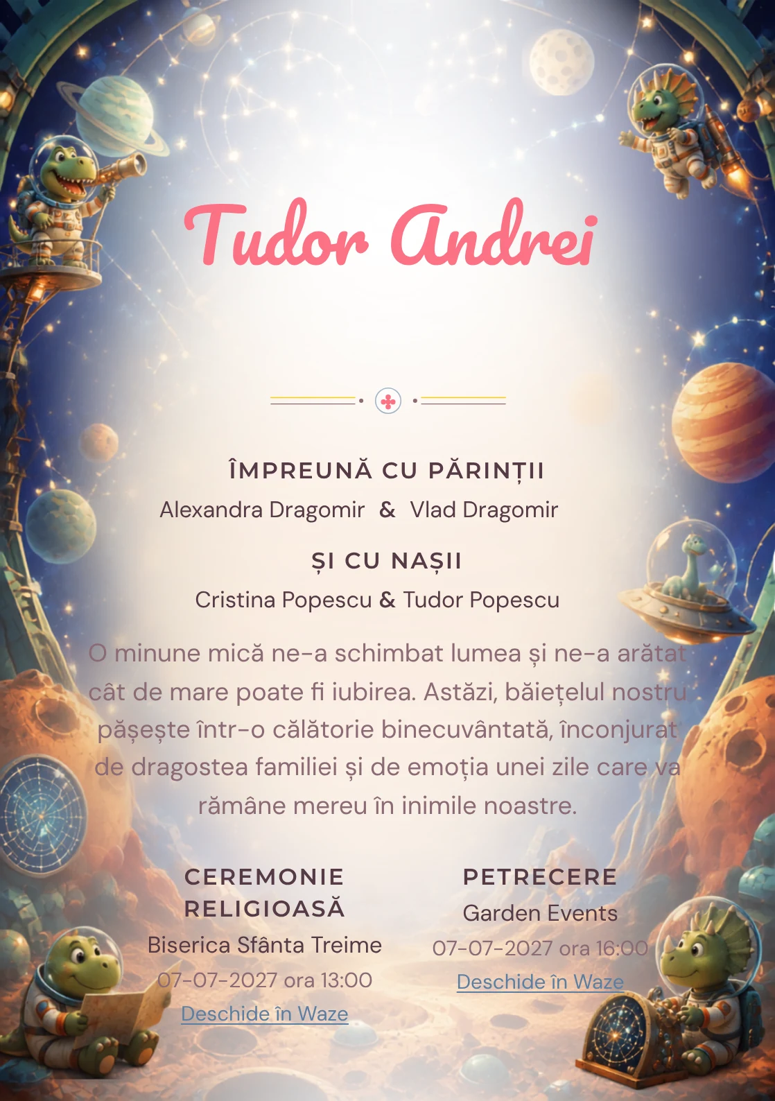 Dinozauri Astronauți, din gama de invitații botez băiat, are ca reper vizual dinozauri astronauți într-un planetariu jucăuș; compoziția include planete.