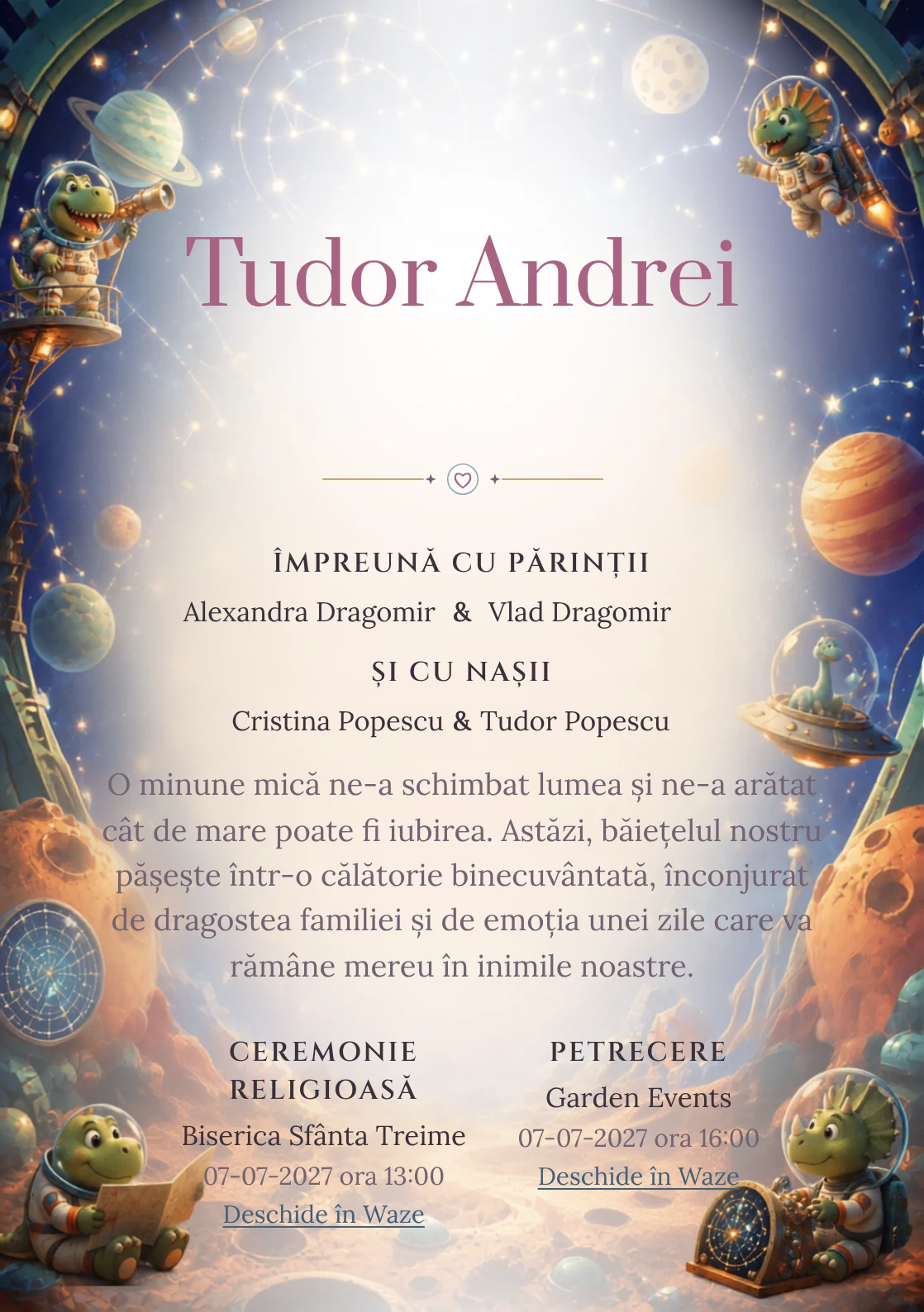 Dinozauri Astronauți, din gama de invitații botez băiat, are ca reper vizual dinozauri astronauți într-un planetariu jucăuș; compoziția include planete.
