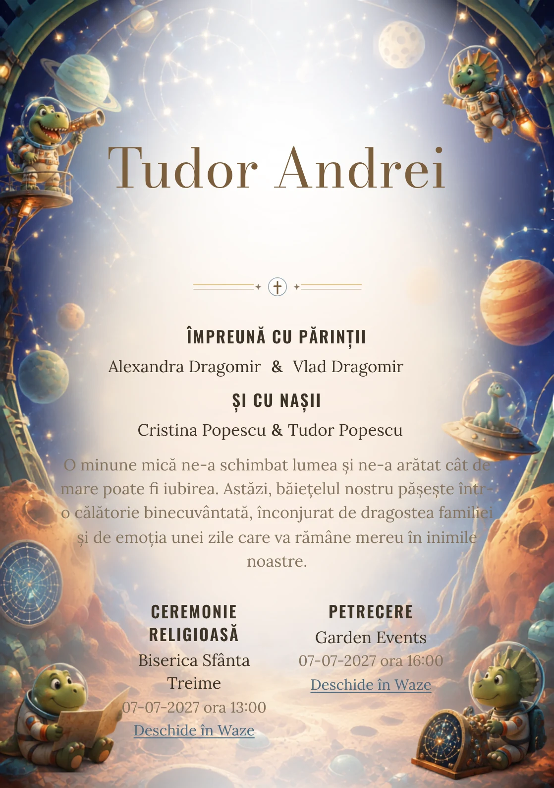 Dinozauri Astronauți, din gama de invitații botez băiat, are ca reper vizual dinozauri astronauți într-un planetariu jucăuș; compoziția include planete.