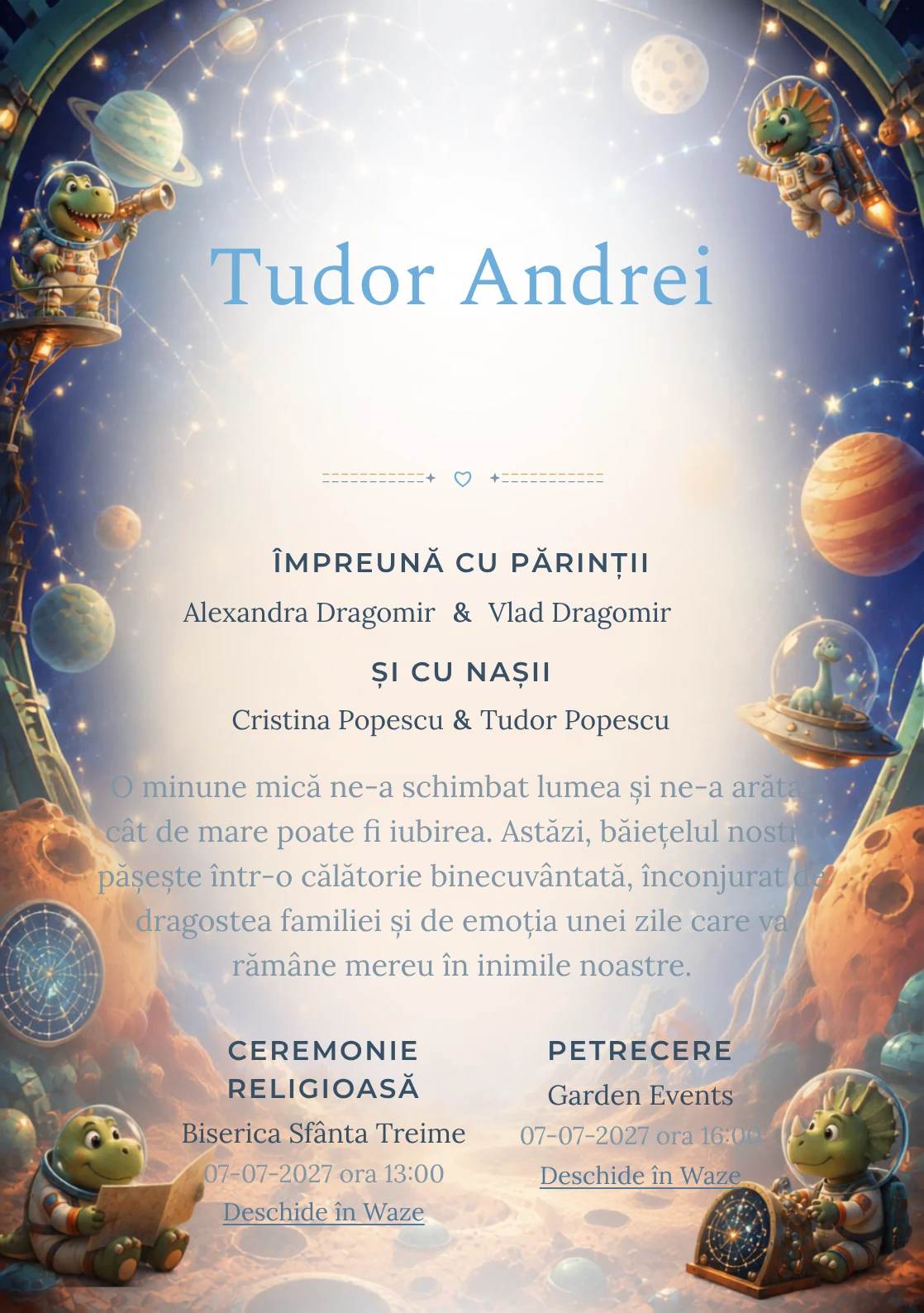 Dinozauri Astronauți, din gama de invitații botez băiat, are ca reper vizual dinozauri astronauți într-un planetariu jucăuș; compoziția include planete.