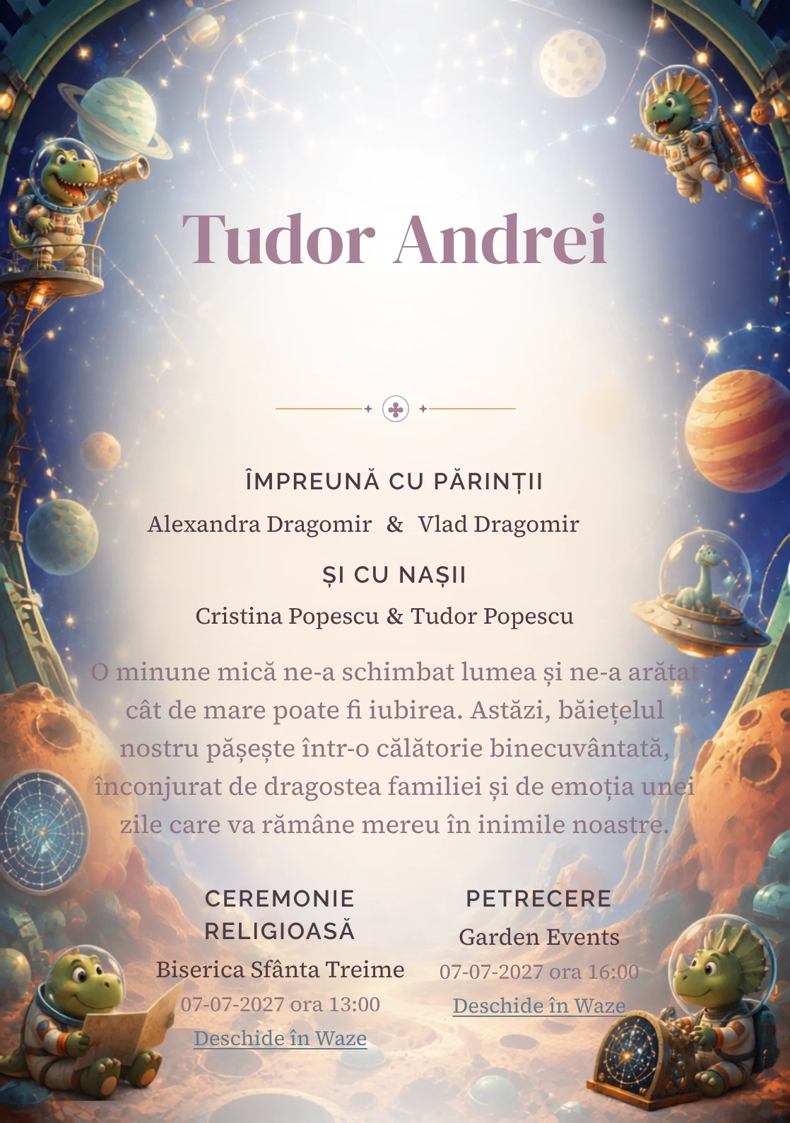 Dinozauri Astronauți, din gama de invitații botez băiat, are ca reper vizual dinozauri astronauți într-un planetariu jucăuș; compoziția include planete.