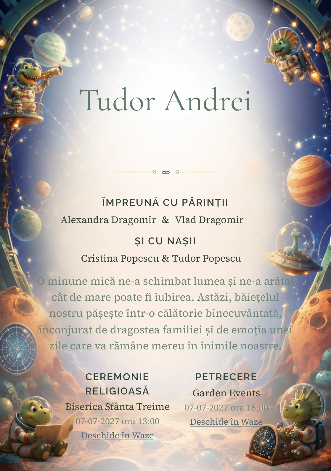 Dinozauri Astronauți, din gama de invitații botez băiat, are ca reper vizual dinozauri astronauți într-un planetariu jucăuș; compoziția include planete.