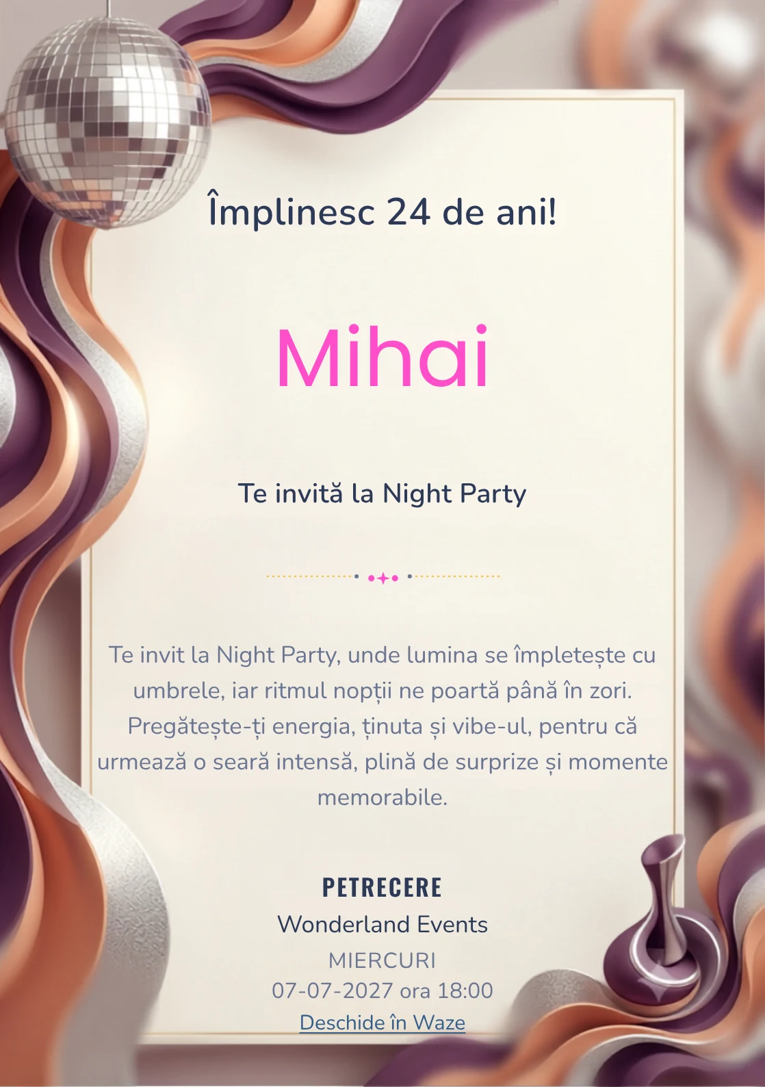 Modelul Disco Seventies, invitație digitală pentru ziua de naștere a adulților, pune în valoare un glob oglindă și forme ondulate.