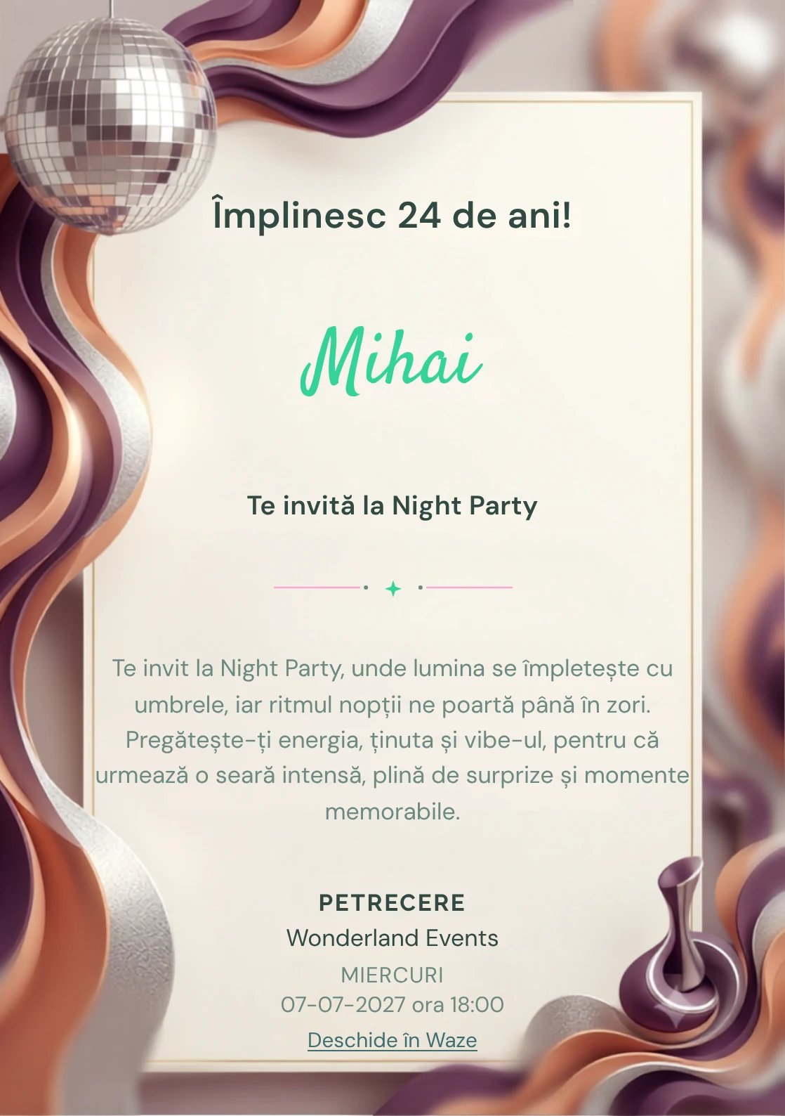 Modelul Disco Seventies, invitație digitală pentru ziua de naștere a adulților, pune în valoare un glob oglindă și forme ondulate.