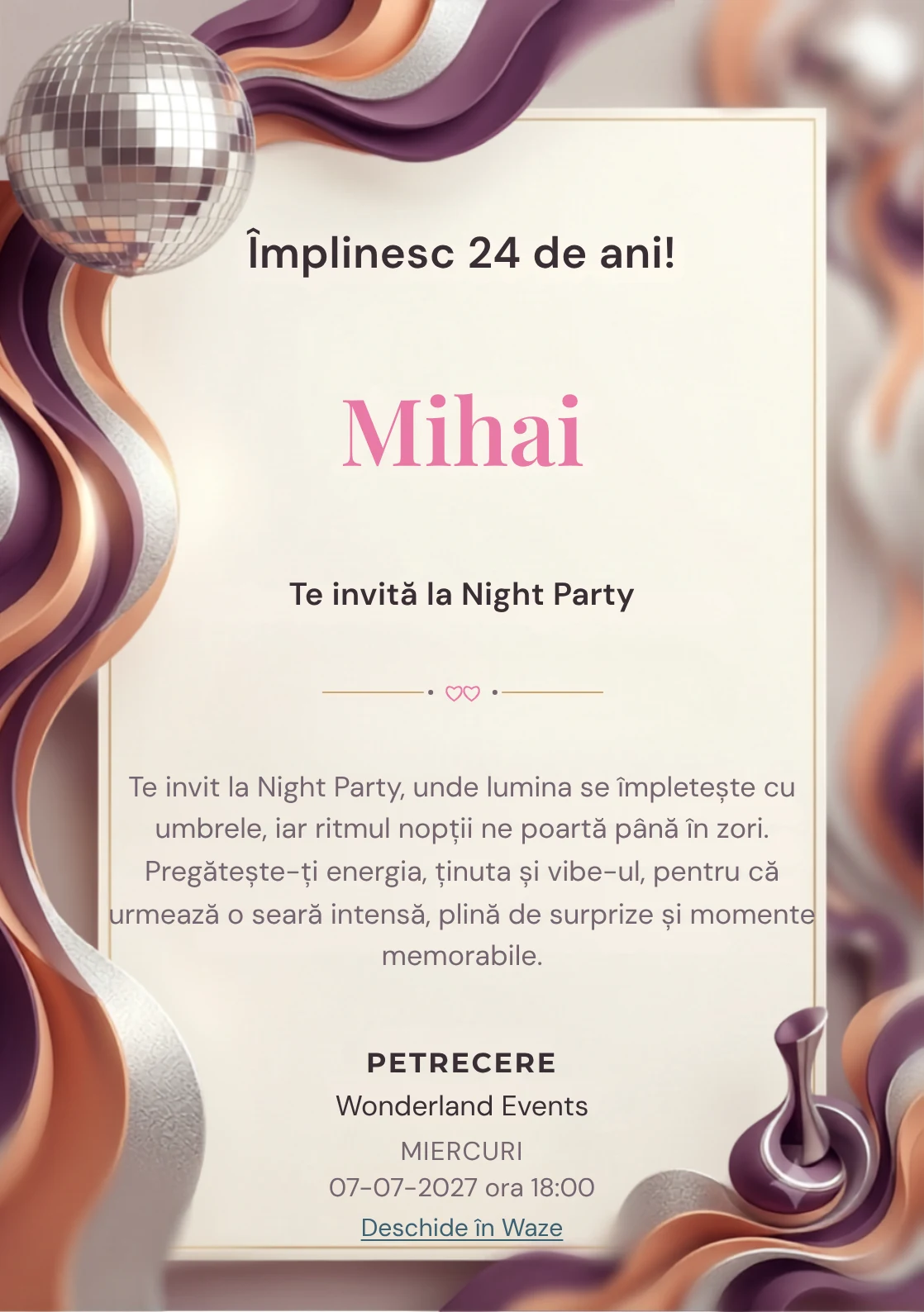 Modelul Disco Seventies, invitație digitală pentru ziua de naștere a adulților, pune în valoare un glob oglindă și forme ondulate.