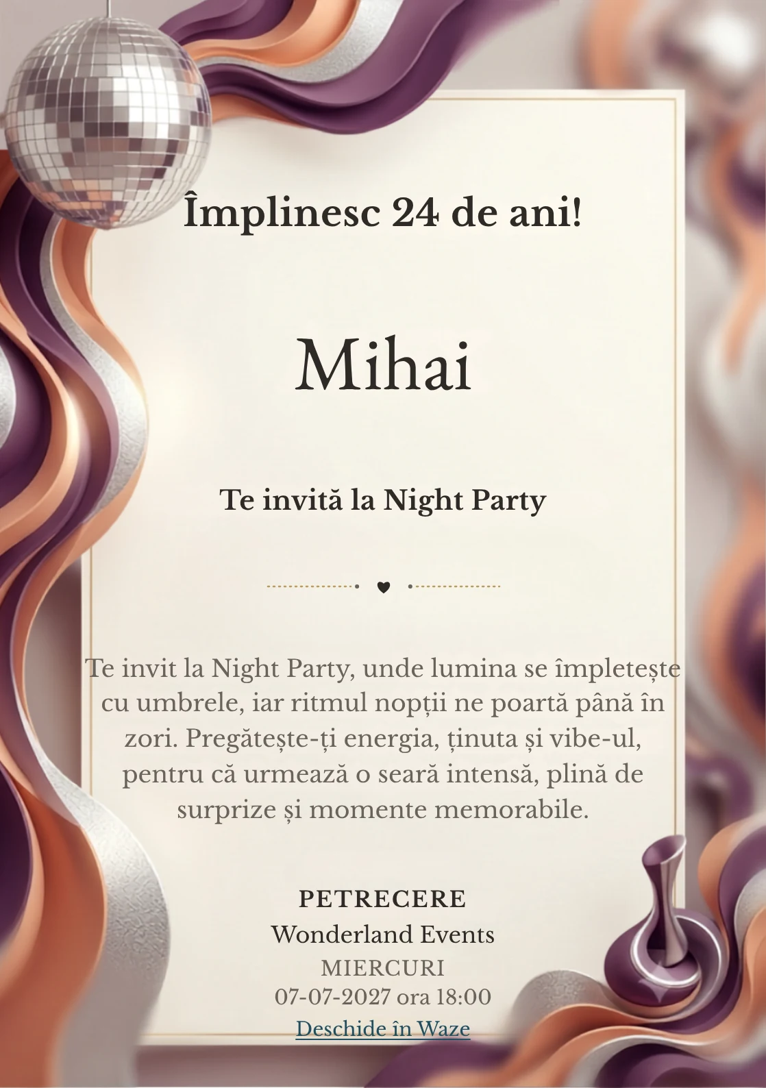 Modelul Disco Seventies, invitație digitală pentru ziua de naștere a adulților, pune în valoare un glob oglindă și forme ondulate.