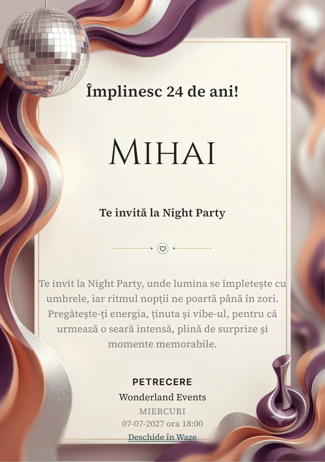 Modelul Disco Seventies, invitație digitală pentru ziua de naștere a adulților, pune în valoare un glob oglindă și forme ondulate.