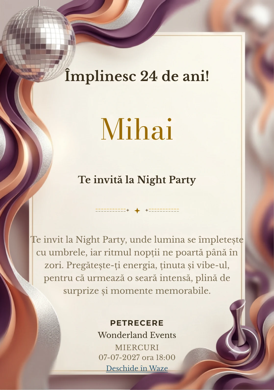 Modelul Disco Seventies, invitație digitală pentru ziua de naștere a adulților, pune în valoare un glob oglindă și forme ondulate.