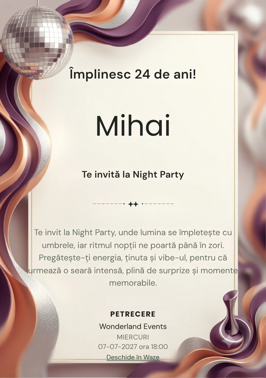 Modelul Disco Seventies, invitație digitală pentru ziua de naștere a adulților, pune în valoare un glob oglindă și forme ondulate.