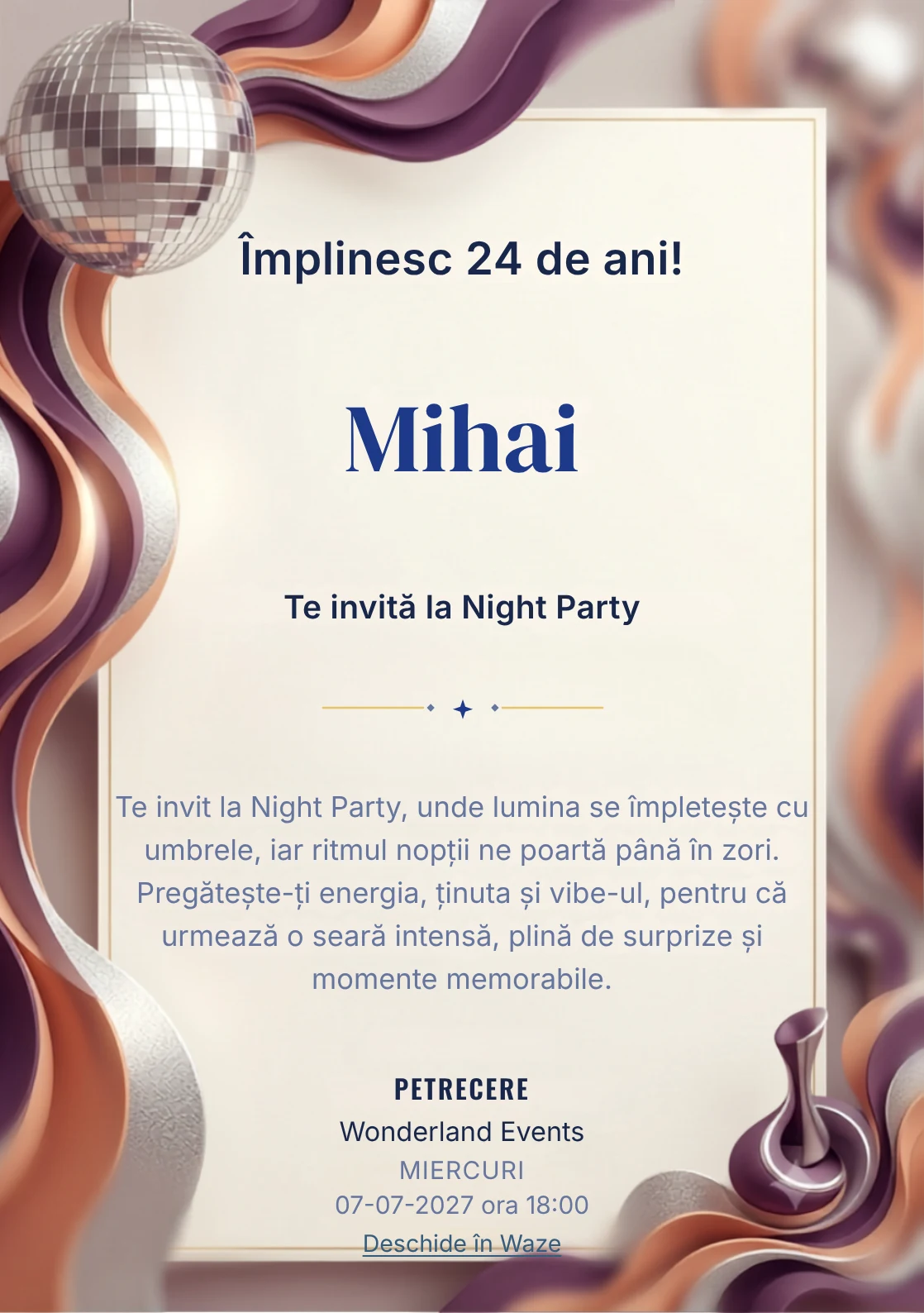 Modelul Disco Seventies, invitație digitală pentru ziua de naștere a adulților, pune în valoare un glob oglindă și forme ondulate.