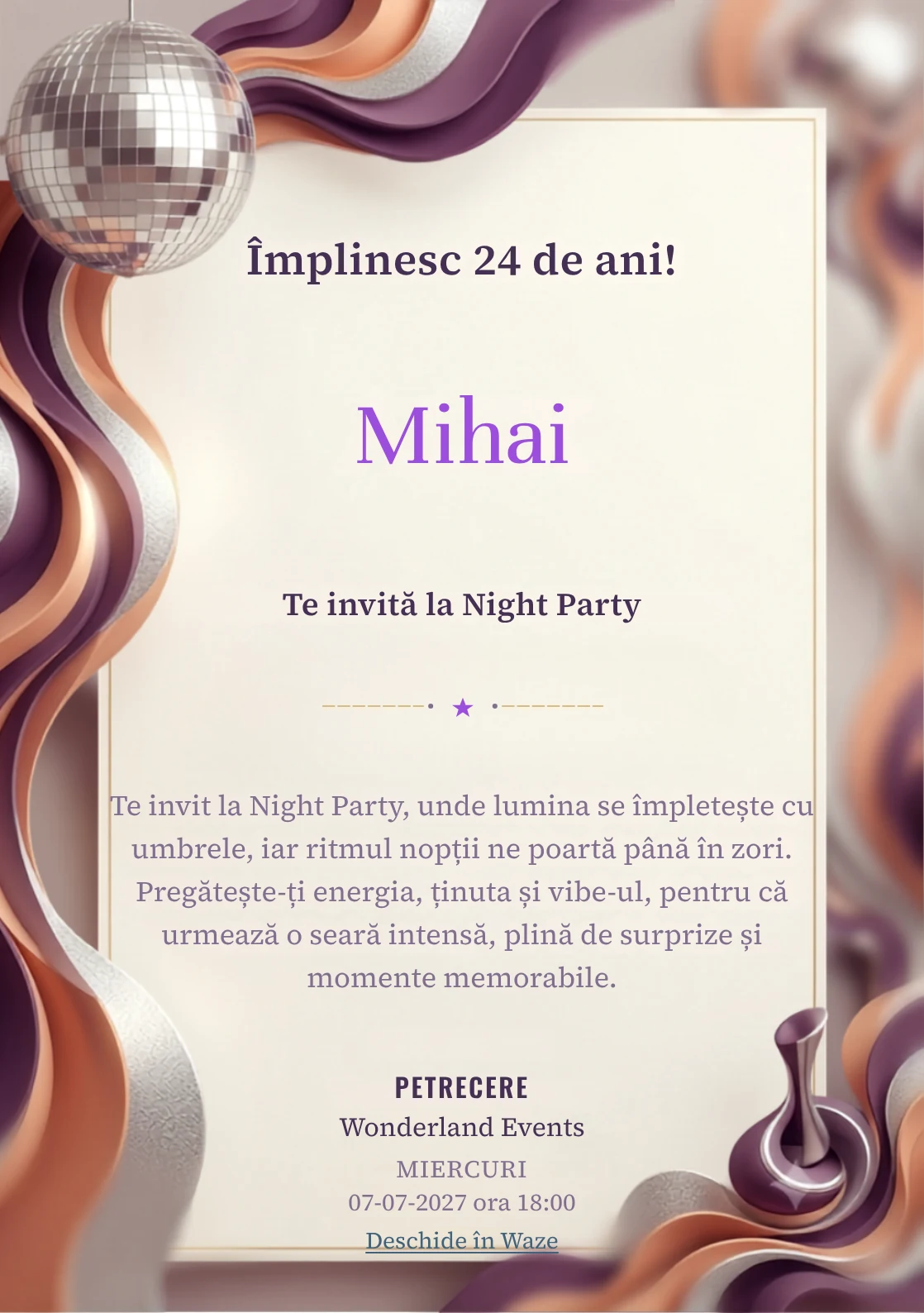 Modelul Disco Seventies, invitație digitală pentru ziua de naștere a adulților, pune în valoare un glob oglindă și forme ondulate.