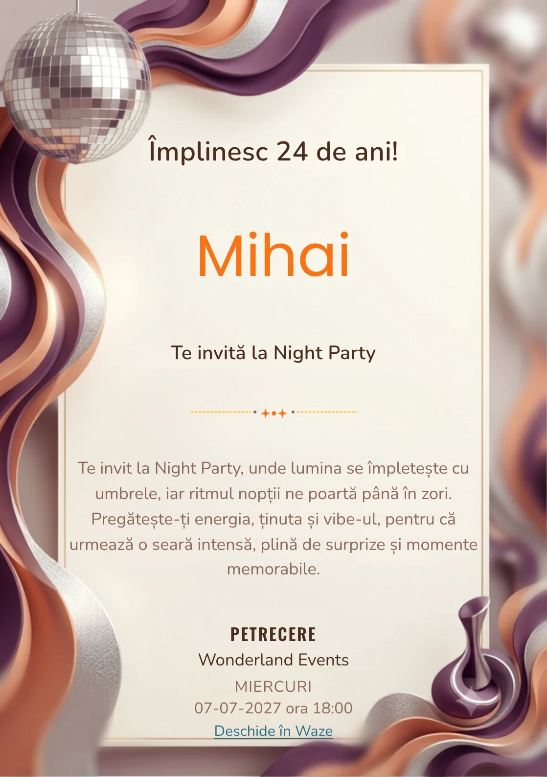 Modelul Disco Seventies, invitație digitală pentru ziua de naștere a adulților, pune în valoare un glob oglindă și forme ondulate.