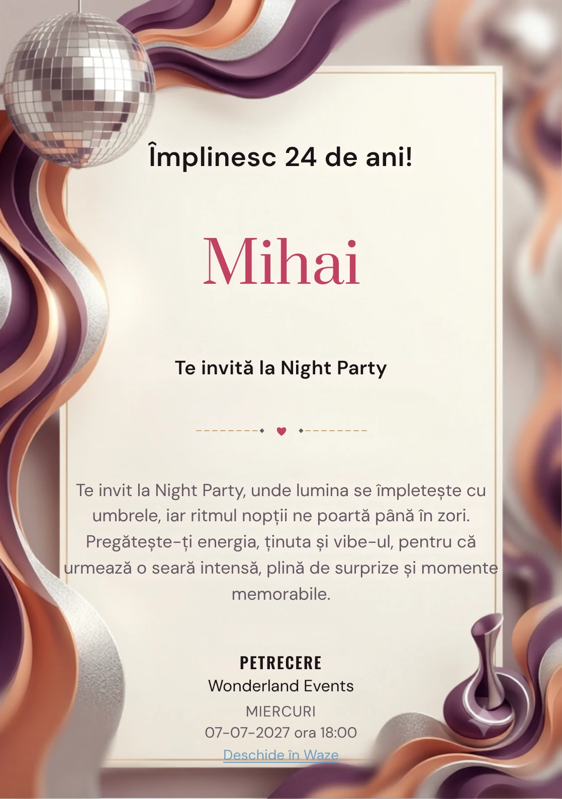 Modelul Disco Seventies, invitație digitală pentru ziua de naștere a adulților, pune în valoare un glob oglindă și forme ondulate.