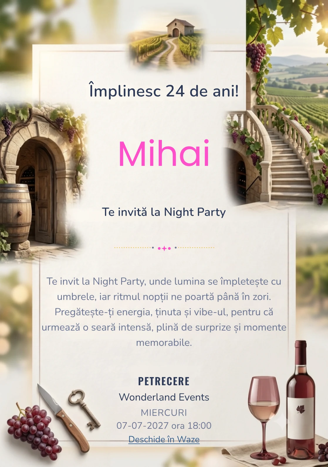 Drumul Vinului este un model de invitații online pentru o aniversare adultă, definit vizual de viță-de-vie și o pivniță arhitecturală.