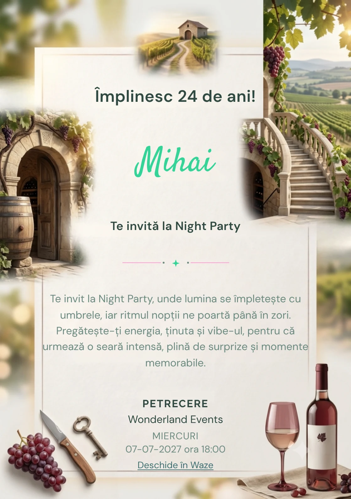 Drumul Vinului este un model de invitații online pentru o aniversare adultă, definit vizual de viță-de-vie și o pivniță arhitecturală.