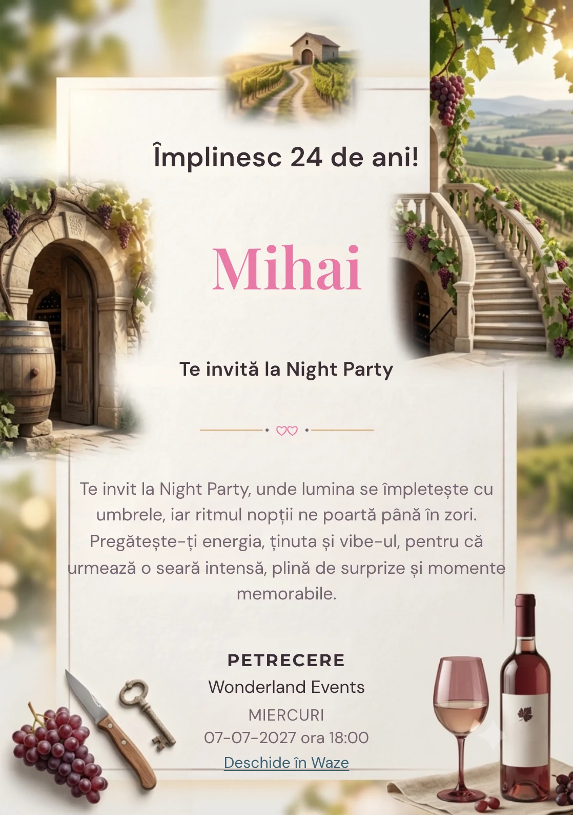 Drumul Vinului este un model de invitații online pentru o aniversare adultă, definit vizual de viță-de-vie și o pivniță arhitecturală.