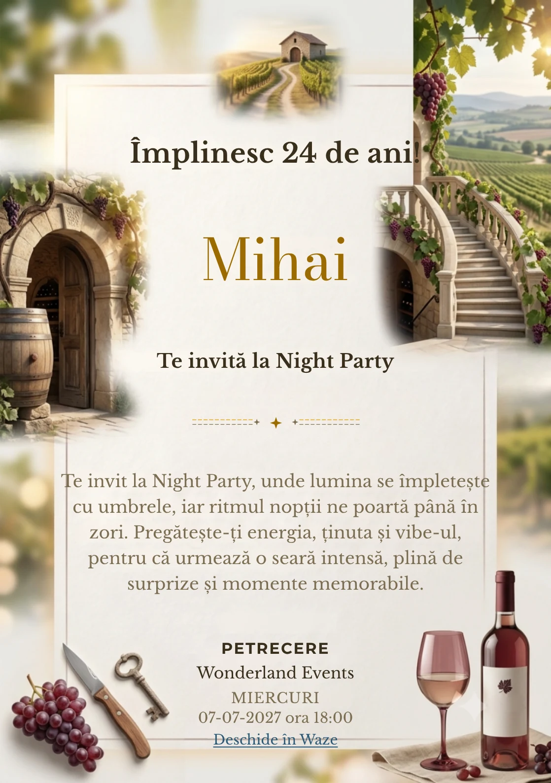 Drumul Vinului este un model de invitații online pentru o aniversare adultă, definit vizual de viță-de-vie și o pivniță arhitecturală.