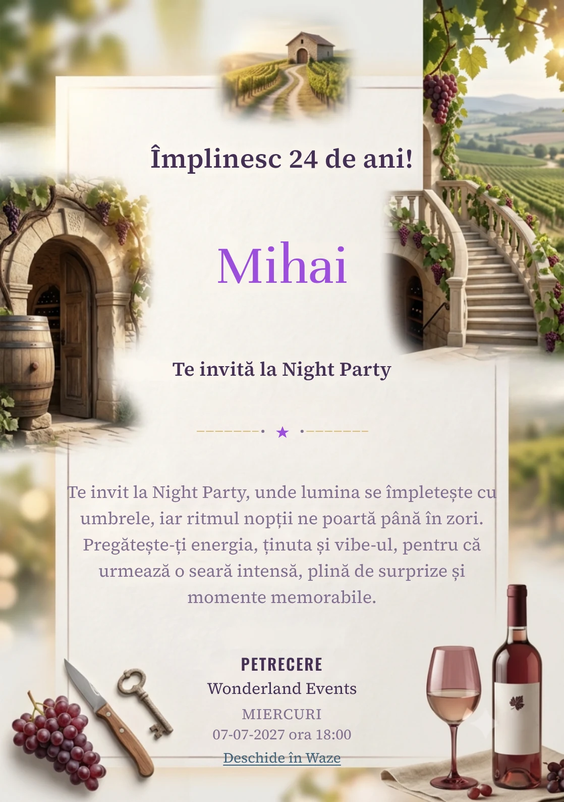 Drumul Vinului este un model de invitații online pentru o aniversare adultă, definit vizual de viță-de-vie și o pivniță arhitecturală.