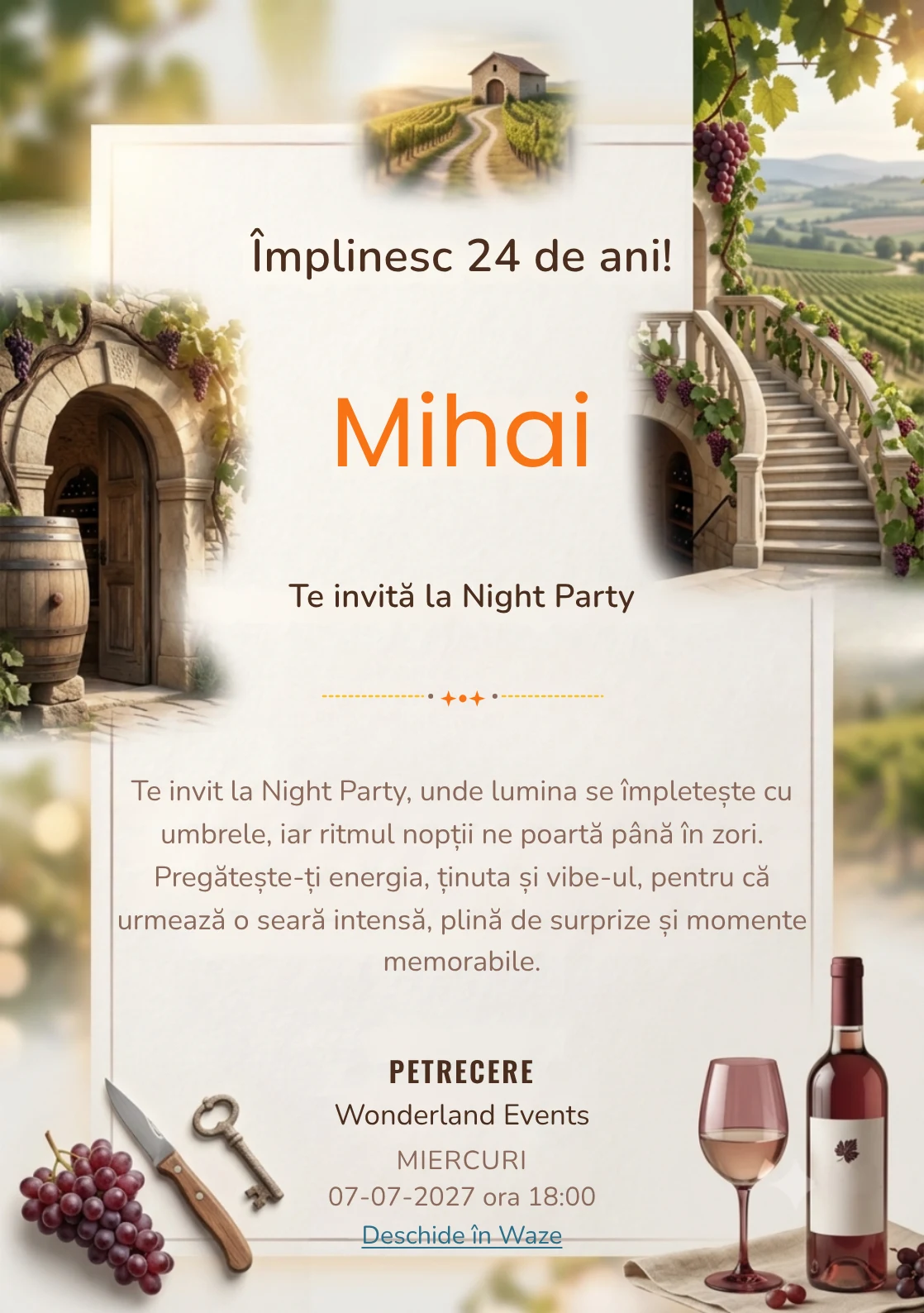 Drumul Vinului este un model de invitații online pentru o aniversare adultă, definit vizual de viță-de-vie și o pivniță arhitecturală.