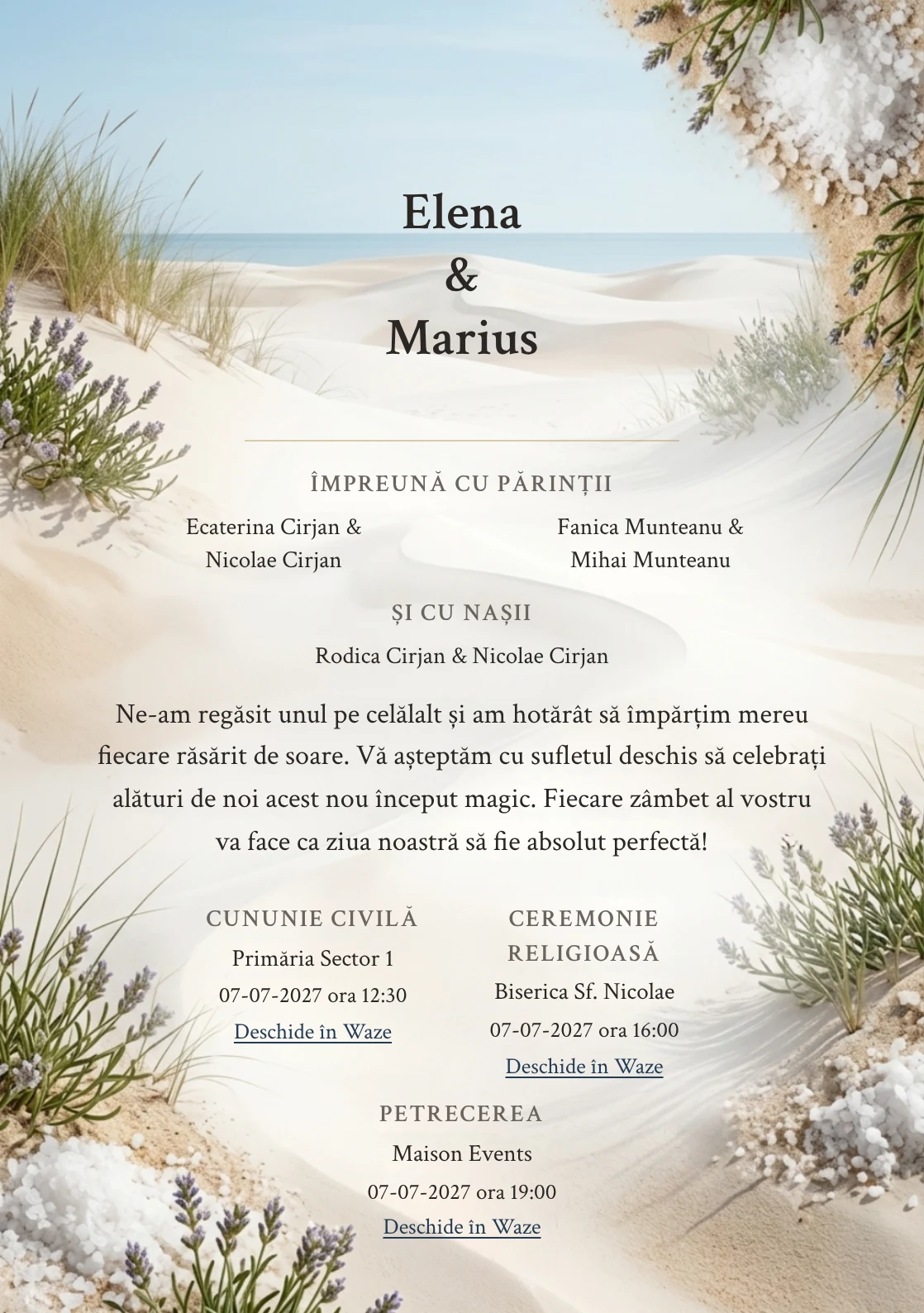 Fundalul Dune de Sare, pentru invitații de nuntă, se remarcă prin dune ample cu iarbă marină și accente de nisip dune, alb sare și verde iarbă marină.