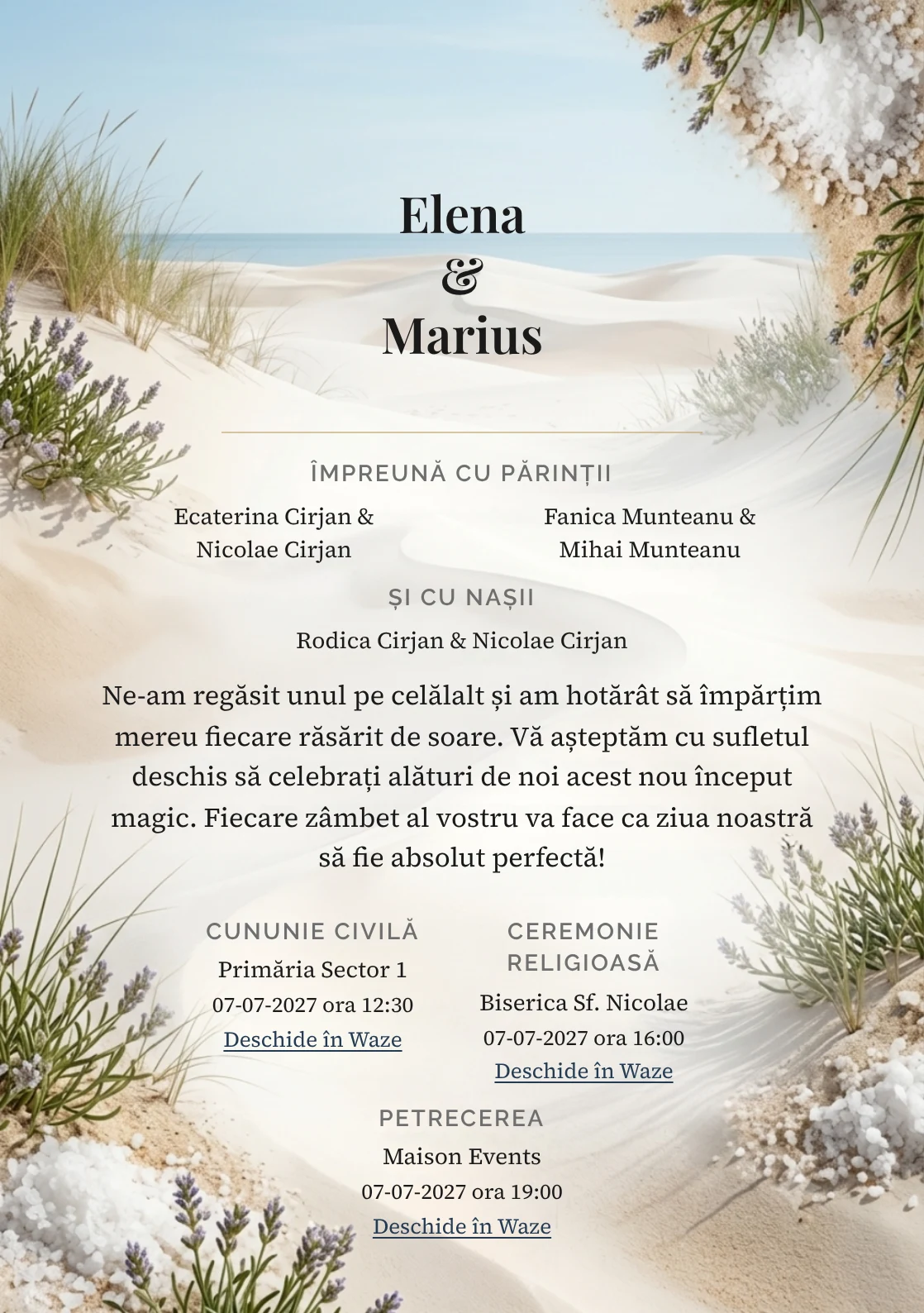 Fundalul Dune de Sare, pentru invitații de nuntă, se remarcă prin dune ample cu iarbă marină și accente de nisip dune, alb sare și verde iarbă marină.
