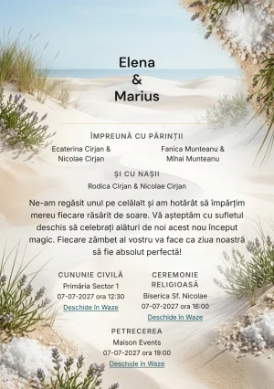 Fundalul Dune de Sare, pentru invitații de nuntă, se remarcă prin dune ample cu iarbă marină și accente de nisip dune, alb sare și verde iarbă marină.