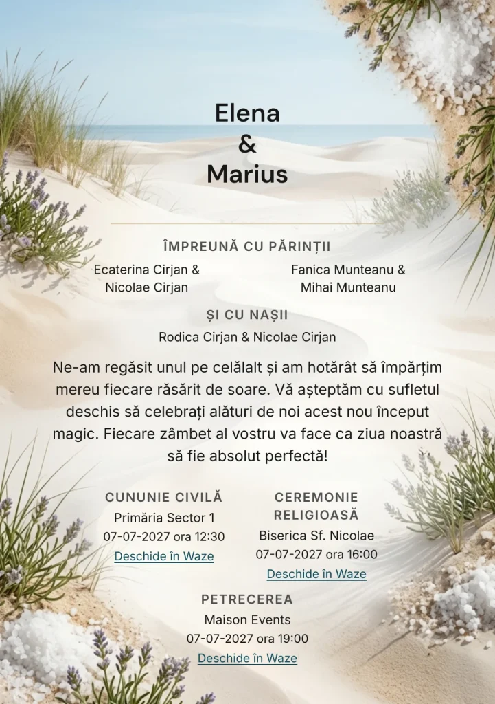 Fundalul Dune de Sare, pentru invitații de nuntă, se remarcă prin dune ample cu iarbă marină și accente de nisip dune, alb sare și verde iarbă marină.