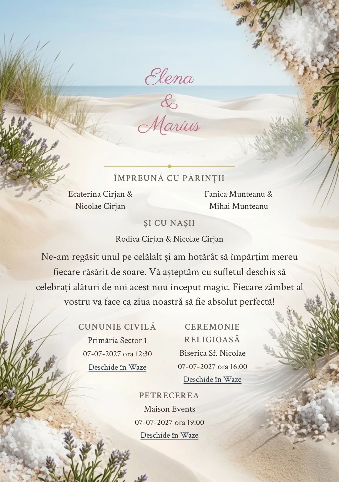 Fundalul Dune de Sare, pentru invitații de nuntă, se remarcă prin dune ample cu iarbă marină și accente de nisip dune, alb sare și verde iarbă marină.