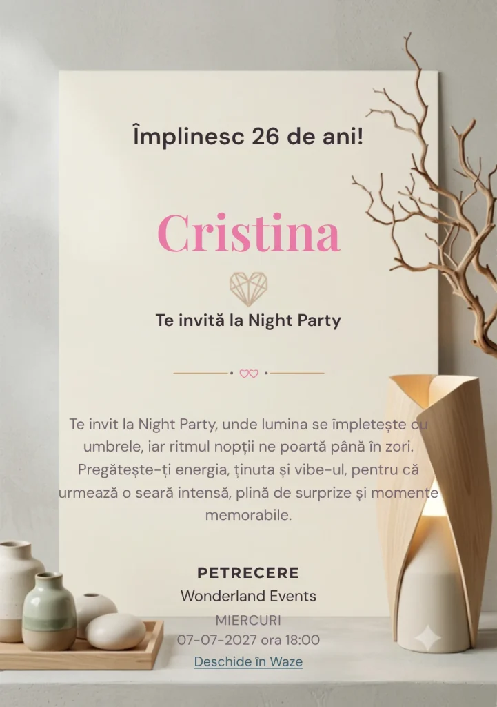 Pentru aniversarea adulților, modelul Echilibru Nordic propune o invitație digitală cu o lampă sculpturală și o ramură uscată și nuanțe de lemn natur și crem.