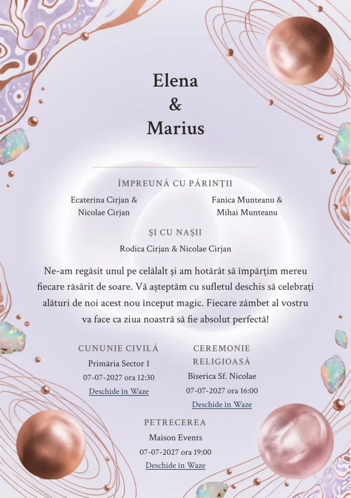 Designul Eclipsă Perlată, în colecția de invitații nuntă, combină două discuri în eclipsă delicată cu o cromatică de roz eclipsă, mov noapte pal și alb opal.