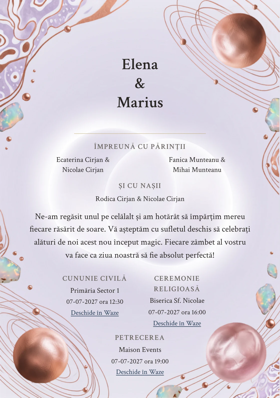Designul Eclipsă Perlată, în colecția de invitații nuntă, combină două discuri în eclipsă delicată cu o cromatică de roz eclipsă, mov noapte pal și alb opal.