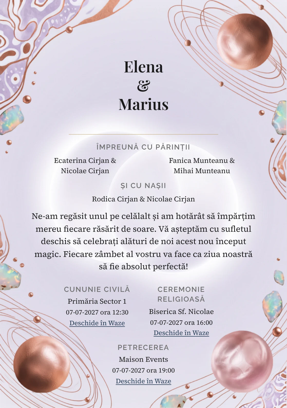 Designul Eclipsă Perlată, în colecția de invitații nuntă, combină două discuri în eclipsă delicată cu o cromatică de roz eclipsă, mov noapte pal și alb opal.