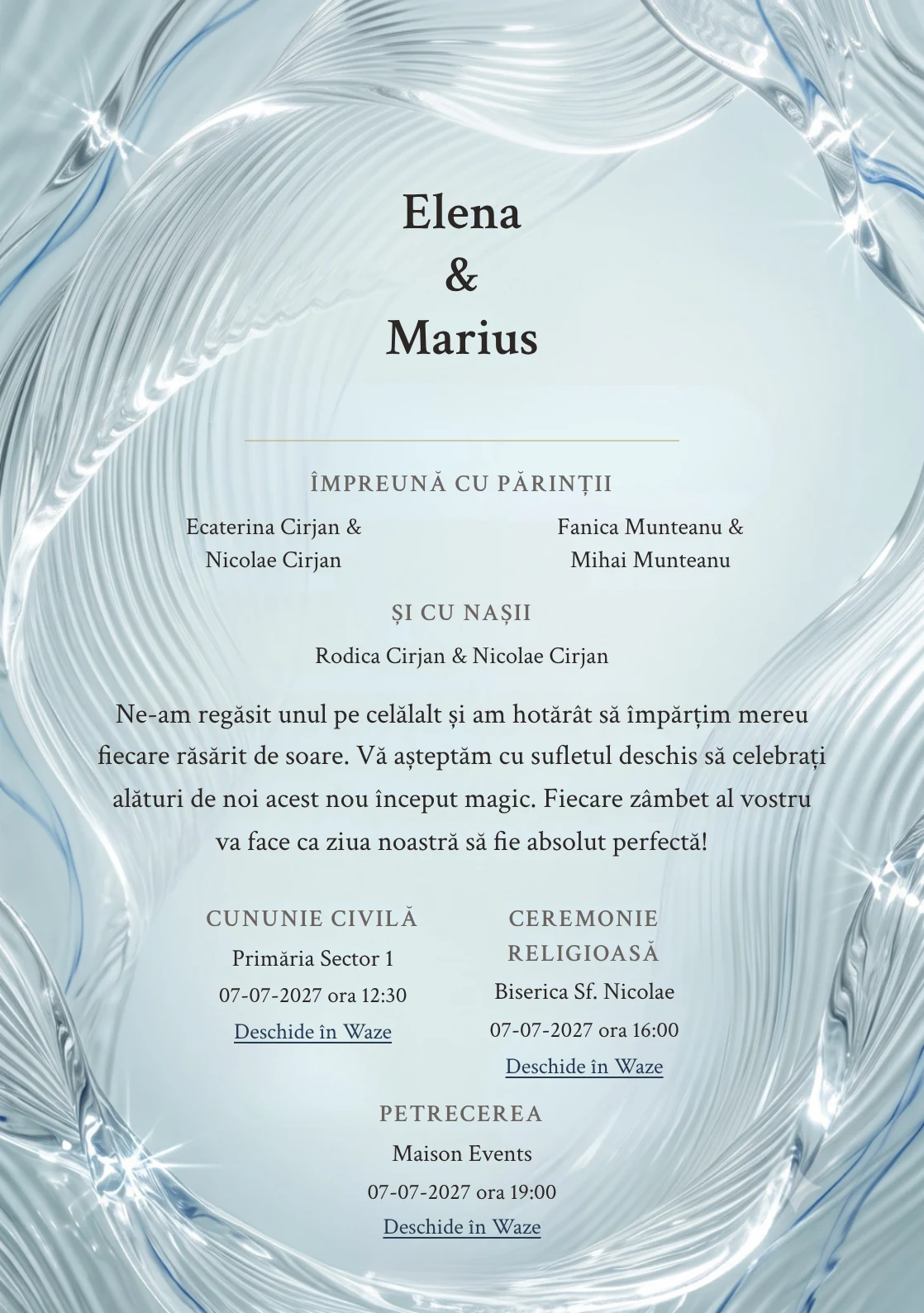 Designul Ecoul Apei, în colecția de invitații nuntă, combină val mare din sticlă striată cu o cromatică de aqua pal, gri ploaie și alb spumă.