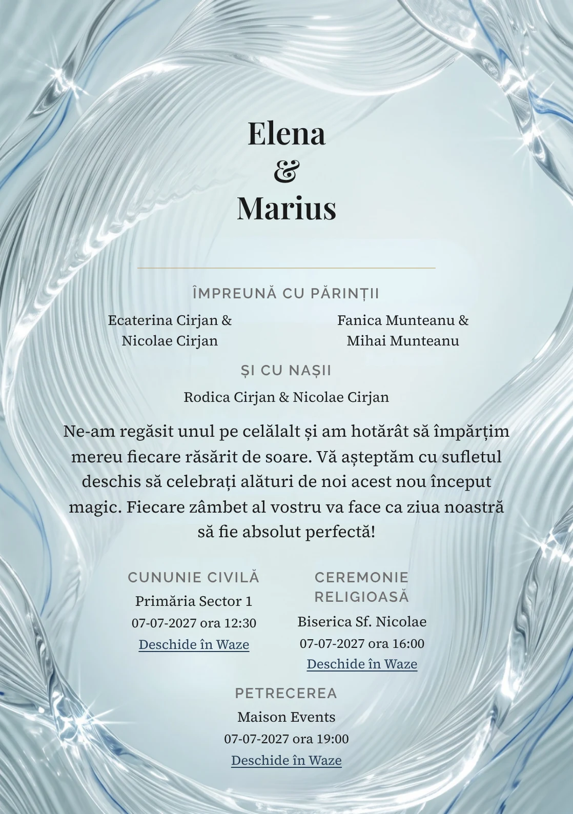 Designul Ecoul Apei, în colecția de invitații nuntă, combină val mare din sticlă striată cu o cromatică de aqua pal, gri ploaie și alb spumă.