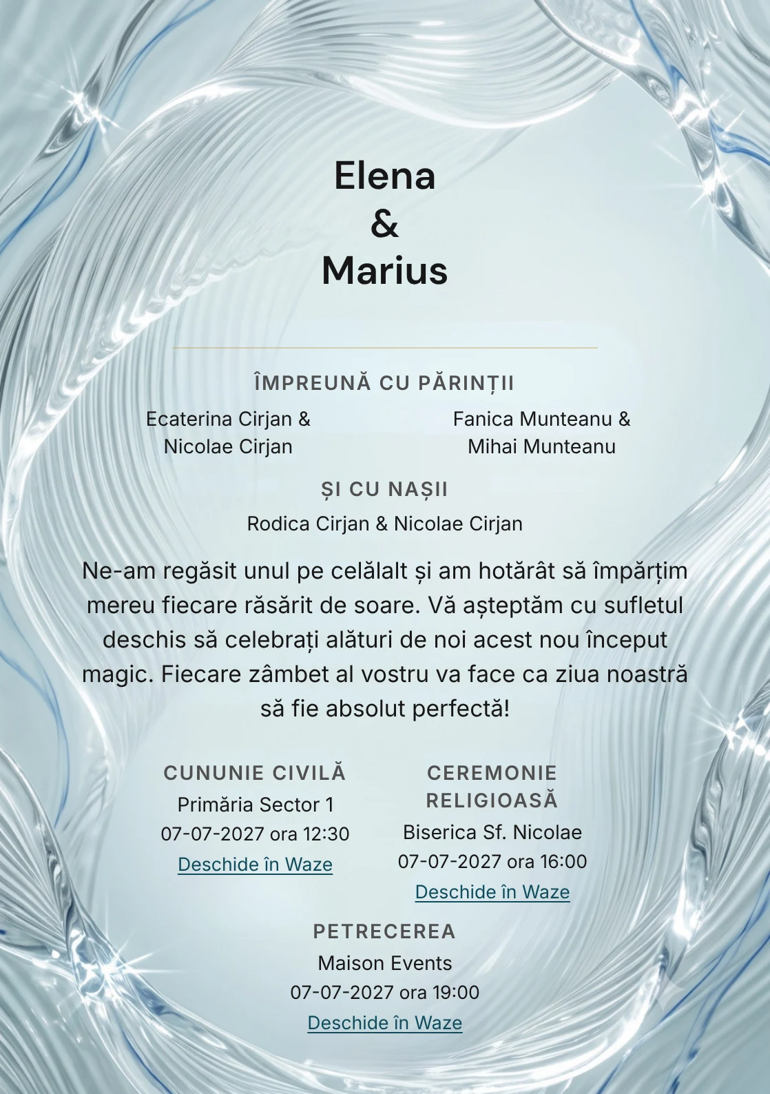 Designul Ecoul Apei, în colecția de invitații nuntă, combină val mare din sticlă striată cu o cromatică de aqua pal, gri ploaie și alb spumă.