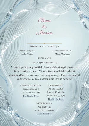 Designul Ecoul Apei, în colecția de invitații nuntă, combină val mare din sticlă striată cu o cromatică de aqua pal, gri ploaie și alb spumă.