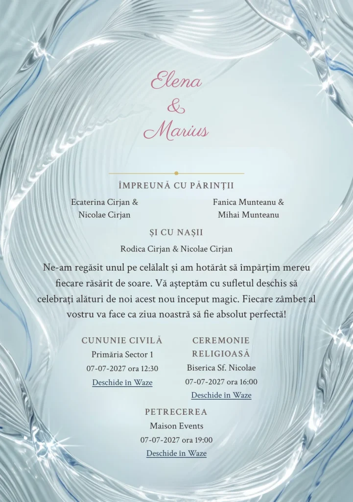 Designul Ecoul Apei, în colecția de invitații nuntă, combină val mare din sticlă striată cu o cromatică de aqua pal, gri ploaie și alb spumă.