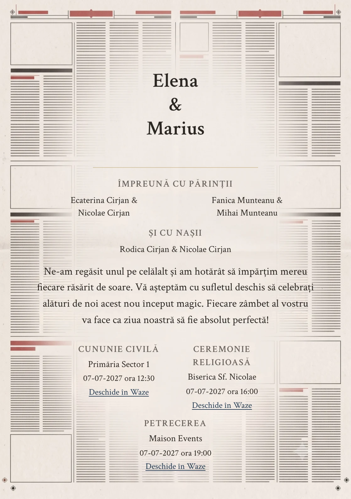 Editorial Monocrom, pentru o invitație de nuntă, prezintă structură de ziar, completat vizual de nuanțe de alb ziar, negru cărbune moale și roșu tipar stins.