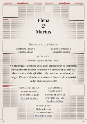 Editorial Monocrom, pentru o invitație de nuntă, prezintă structură de ziar, completat vizual de nuanțe de alb ziar, negru cărbune moale și roșu tipar stins.